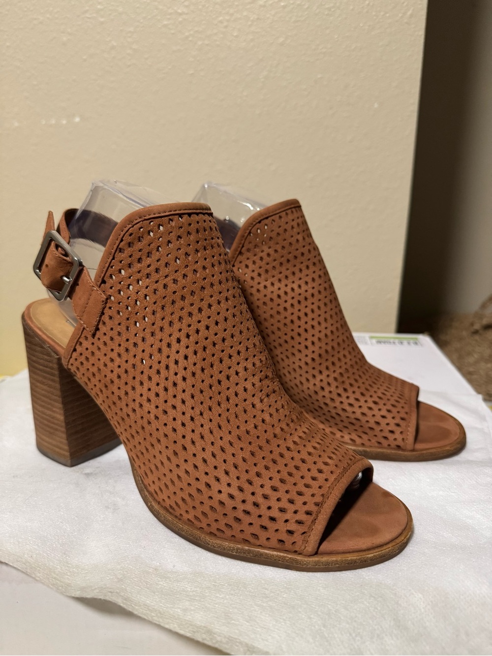 Steve Madden Tan Perforated Peep-Toe Block Heel Sandals